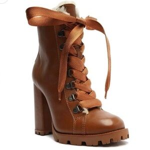 NIB Schutz Zhara Winter Leather Heeled Booties With Faux Fur Lining Size 8.5